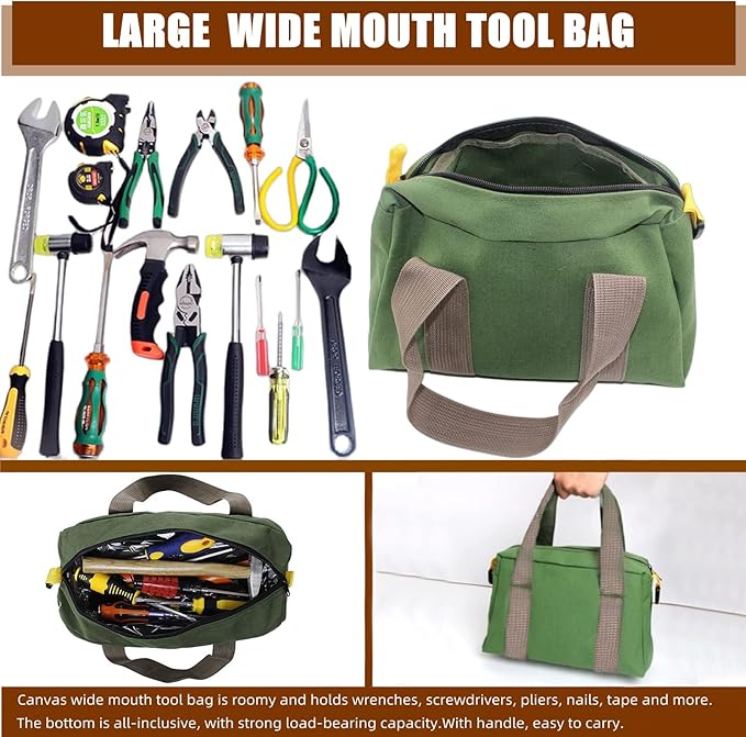 BLIRITEL 16 Inch Wide Mouth Tool Bag, Heavy Duty Canvas Tool Storage Bag, Large Capacity Handbag, Multi-function Tool Organizer Tote Bag for Storage Wrenches Pliers (Green, 16 Inch)