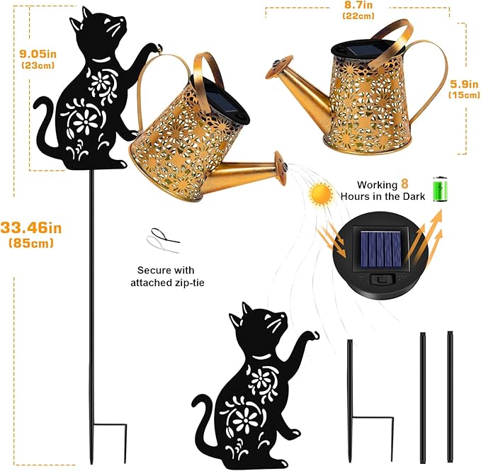 Garden Decor for Outdoor - Solar Watering Can with Lights, Metal Cat Silhouette Stake with Cascading Waterfall LEDs, Waterproof Yard Art for Lawn Patio, Unique Gardening Gifts for Women Mom 2 Pack
