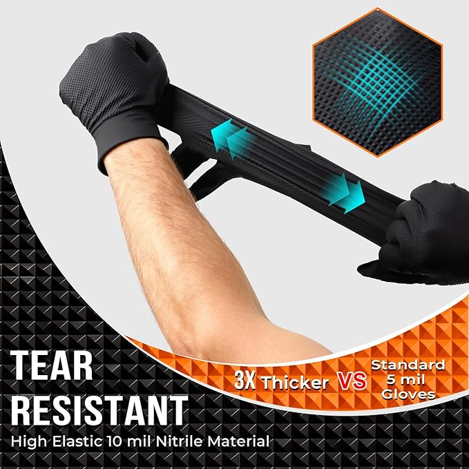 Heavy Duty 10 Mil Nitrile Disposable Gloves with Raised Diamond Texture, Latex-Free, Powder-Free, Extra Strong, Chemical Resistant, Durable for Mechanics, Industrial Work, Auto Repair, Large