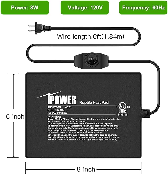iPower 6X8 Inch 8 Watts Reptile Heating Mat with Adjustable Temperature Controller Under Tank Warmer Terrarium Heat Pad for Reptiles and Amphibians, for 10-20 Gallon Tank, 2 Pack