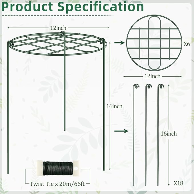 NNG 6 Pack Peony Cages and Supports 12 x 16 Inch Grow Through Plant Supports for Outdoor Plants,Plant Brace Flower Support Rings Hoops for Vegetables,Rose,Tomato,Orchids