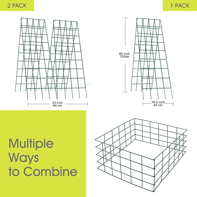 Cucumber Trellis for Raised Bed, Rifny 16.5 x 60 Inch Metal Trellis for Climbing Plants Outdoor with Plant Clips Twist Ties, Garden Plant A-Frame Trellis for Vegetable Pea Tomato (Green, 2 PCS)