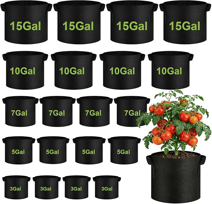 20 Pack Mixed Size Grow Bags, Heavy Duty Thickened Fabric Pots Nonwoven Plant Bags with Handles, Breathable Plant Growing Containers Bags for Nursery Garden Fruit Vegetable Flower(3/5/7/10/15 Gal )