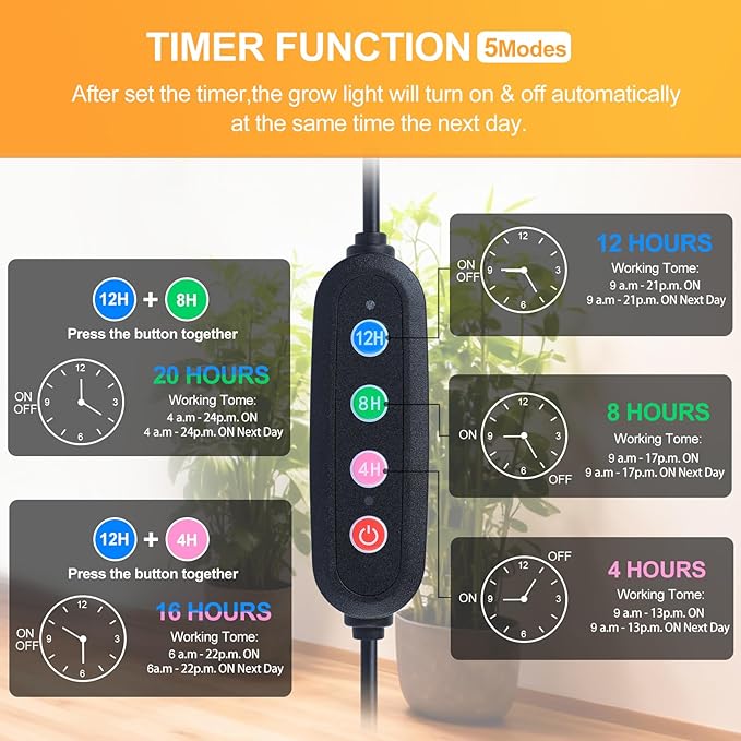 FECiDA 2026 Floor Lamp Grow Light, Grow Lights with Stable Stand Base for Indoor Plants, Bonsai Tree, 4/8/12/16/20 Hr Timer, 25 Watt Power Draw, NO Need Adapter, 40"-76" Height Adjustable