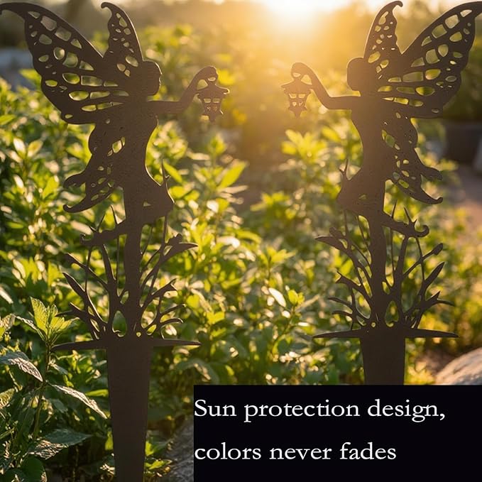 Decorative Garden Stakes，Fairy Garden Stakes Statues Metal Weather Resistant 3 Piece Outdoor Decorative Set Black (9 Pack A)