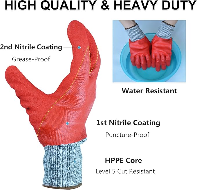 Durable Gardening Gloves for Men, Heavy Duty Nitrile Garden Gloves, Double Coated Work Gloves, Cut Resistant, Puncture Proof, Touch Screen (Red, Medium)