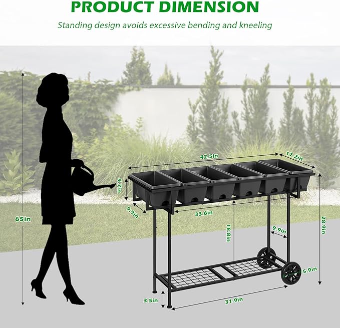 Vrisa Elevated Garden Bed with Shelf 43x17x29 in Outdoor Raised Planter Box with Legs and Wheels Vegetables Herbs Flowers Garden Box with Drain Outlet for Backyard, Patio, Balcony, Grey