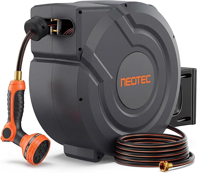 NEOTEC Retractable Garden Hose Reel 1/2 inch x 100ft, Heavy Duty Hose Reel 9-Pattern Nozzle, Auto Lock & Slow Return System, 180° Swivel Bracket