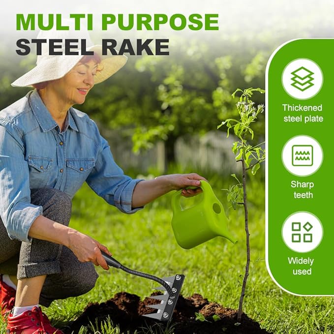 2026 New Iron Weeding Rake 2.0, 5/6/7/8 Teeth Carbon Steel Garden Weeding Rakes, Iron Rake for Gardening and Weeding, Heavy-Duty Garden Weed Puller Tool for Lawn Yard Gardens Farm (8 Teeth)