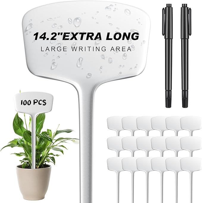 Weysat 100 Pcs 14.2 Inch Plastic Labels Plant Tags T Type Plant Markers with Pen for Outdoor Indoor Garden Pot Herbs Flowers Vegetable