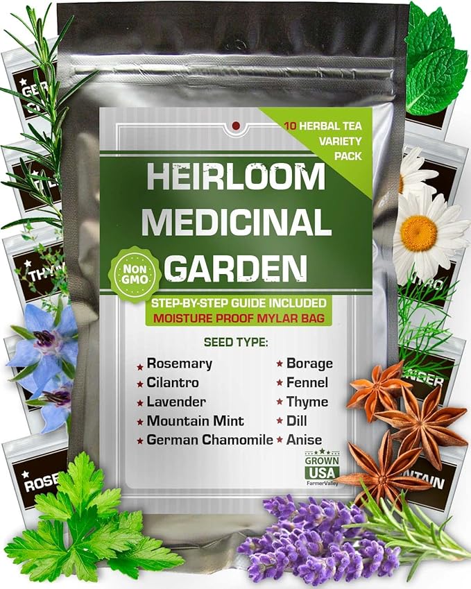 10 Medicinal Herb Seeds - Heirloom, Non GMO, USA Made - 2050 Most Needed Herbal and Medical Tea Seeds Pack for Planting Indoors and Outdoors - Lavender, Mountain Mint, Chamomile & More