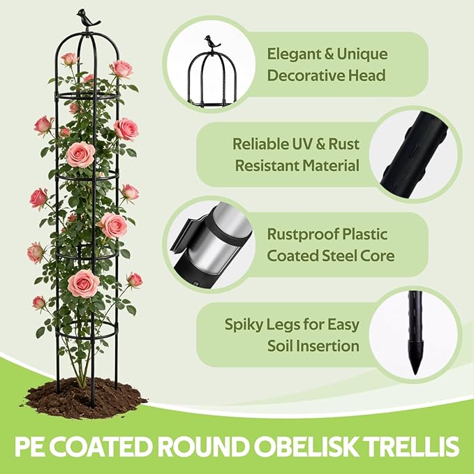 Obelisk Trellis for Climbing Plants Outdoor - Heavy Duty Plastic Coated Steel Core Garden Arch Metal Trellis - Rustproof Tomato Cage Vertical Plant Support for Vines Vegetables Flowers Indoor