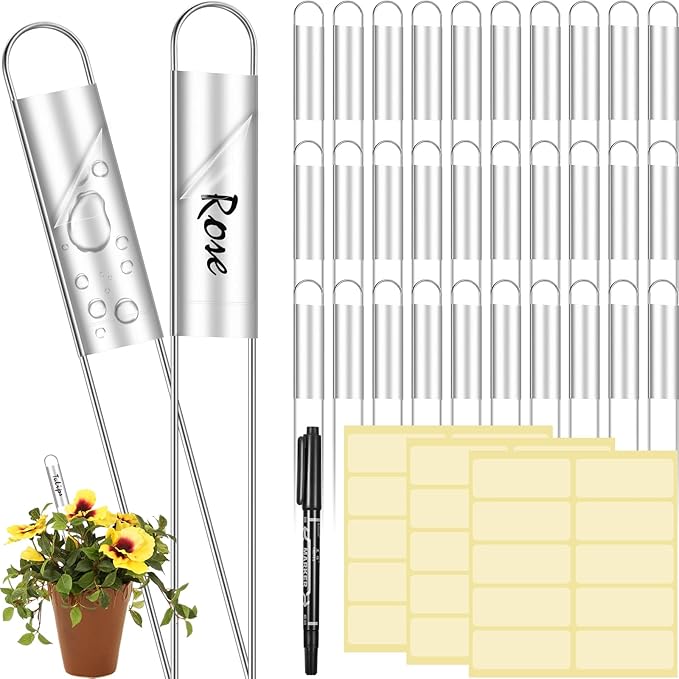 LEIFIDE 61 Pieces Zinc Plant Tags Kit, 30 Pcs 10 Inch Rectangle Metal Plant Labels, 30 Rainproof Pet Films, 1 Marker Pen, Reusable Garden Waterproof Markers Tags(U Shape)