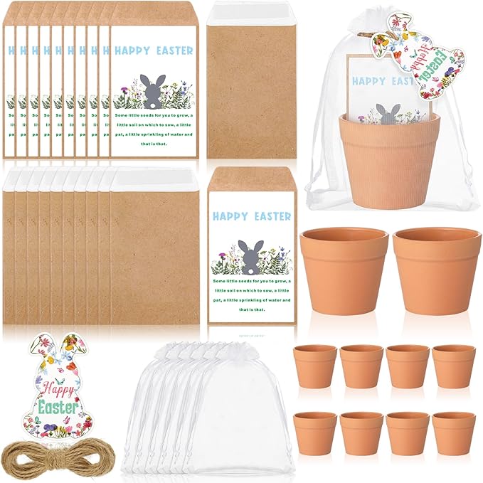 Ctosree 24 Sets Happy Easter Party Favors for Guests Easter Bunny Seed Packets Kit Including Self Adhesive Seed Packets Mini Flowerpots Bunny Tags Organza Bags for Basket Stuffers Gifts