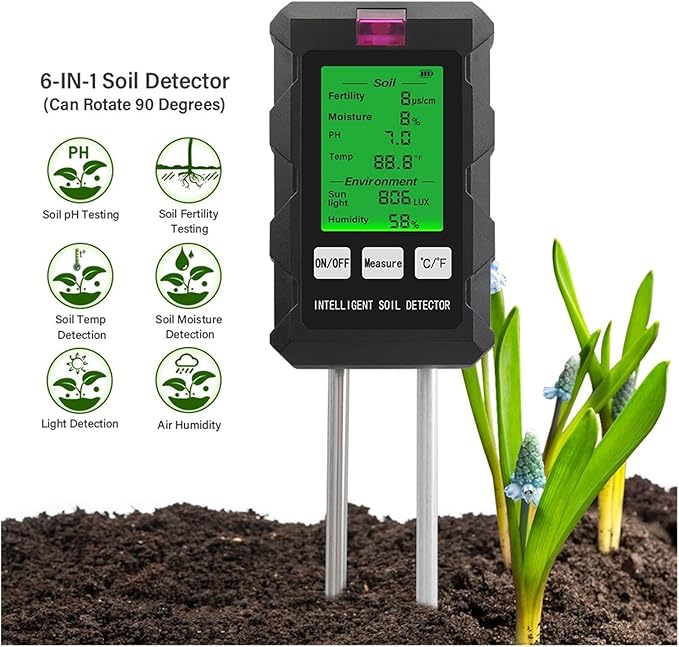 Soil PH Tester,Digital Soil Tester PH/Fertility/Moisture/Sunlight/Air Humidity/Temp Soil PH Meter for Gardening for Garden,and House/Outdoor Plants