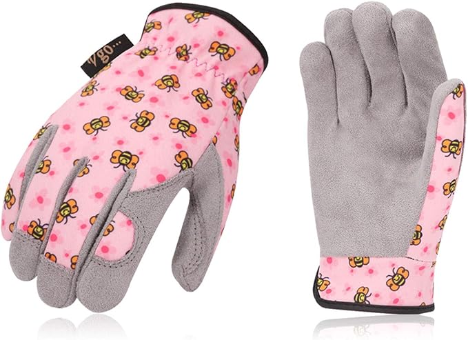 Vgo... 1-Pair Age 5-6 Kids Gardening Gloves,Children Yard Work Gloves,Toddlers,Boys,Girls (Size M, Pink Bee, KID-MF7362)