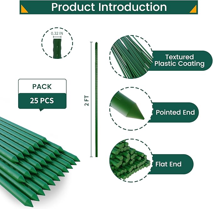PROWORX 24 Inch 2 Ft Plant Support Garden Stakes 25 PCS, Sturdy Steel Plastic Coated Sticks for Outdoor Growing Climbing, Tomato, Trees, Cucumber, Beans
