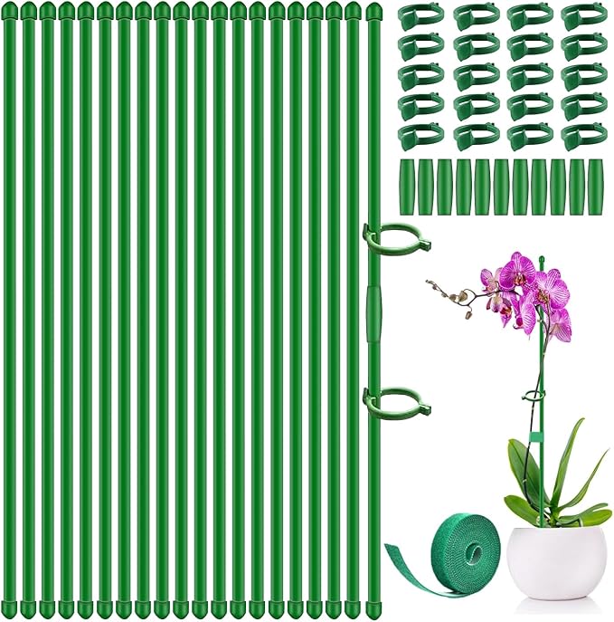 20Pcs Plant Stakes 17inch, Toylin Adjustable Length Plant Support Stake Green Orchid Stick with Clips for Indoor Outdoor,Garden Pole for Potted Orchid Tomato Vegetables