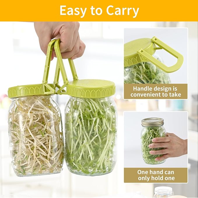 Complete Sprouting Kit - 2 Large Wide-Mouth Mason Jars 32 Oz, 2 Foldalbe Screen Lids with Draining Stand, 2 Metal Canning Lids, Bean Sprouts Grow Kit for Broccoli alfalfa