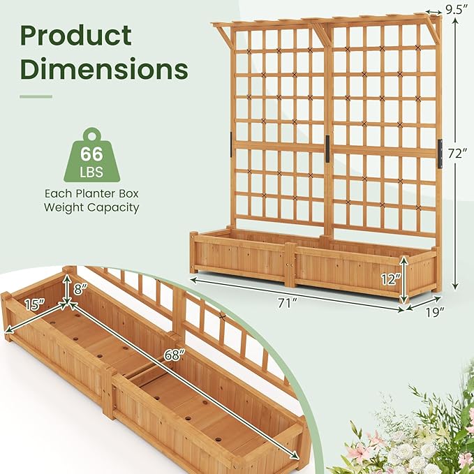 HAPPYGRILL 71" Raised Garden Bed with Trellis, Wood Planter Container w/2 Hanging Roof & Garden Boxes, 4 Drainage Holes, Outdoor Planter Box w/Removable Bottom Plate for Climbing Plants Flowers Vine