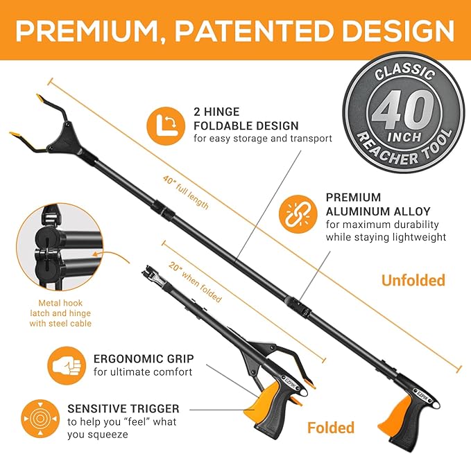 EZPIK Classic 40” Folding Grabber Reacher Tool with Dual Magnets, Heavy Duty Trash Picker Upper Grabber for Seniors & Disabled Users, Aluminum Pickup Tool for Everyday Reaching Aids (Black, 2 Pack)