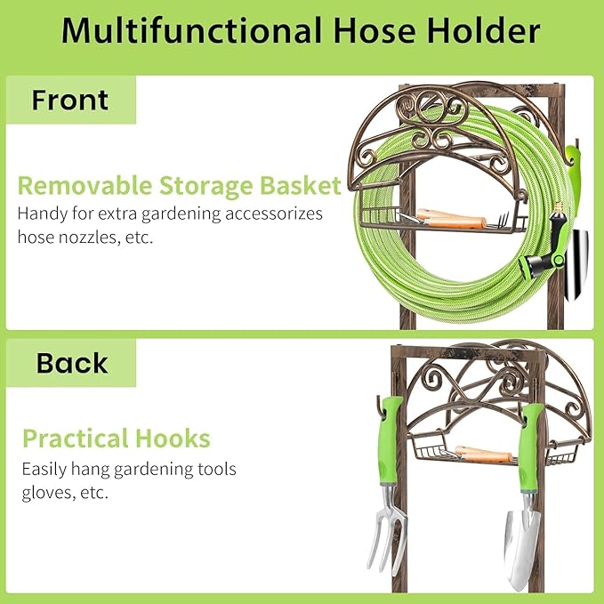 TomCare Garden Hose Holder Upgraded Water Hose Holder Heavy Duty 4 Spikes Hose Hanger Holds 160 Feet Hoses Stable Freestanding Hose Storage Organizer for Outside Yard