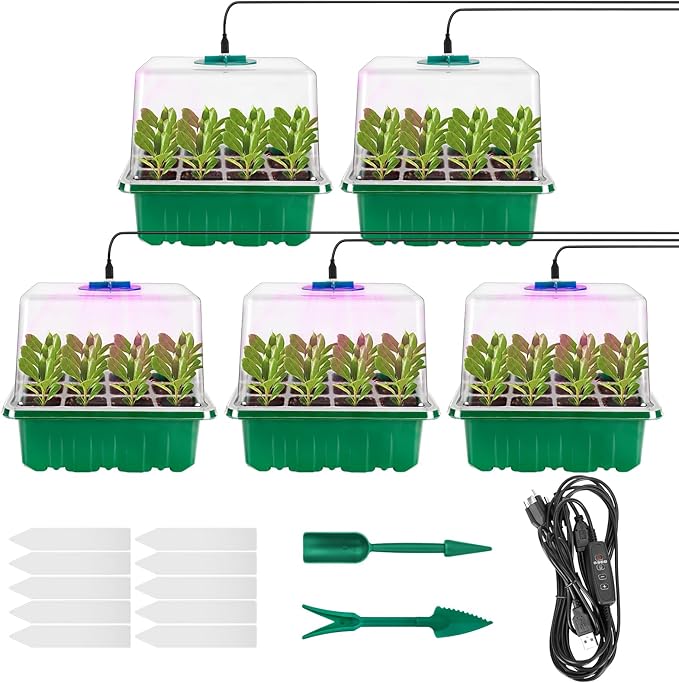 Seed Starter Tray with Grow Lights 5 PCS Kit Humidity Dome Adjustable Brightness Timer Controller 8 LED Seedling Trays with Tall Lid Mini Greenhouse for Staring Seedlings
