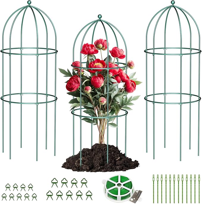 DoCred 3 Pack Plant Support Cage Large Peony Cages and Supports Peony Cage Obelisk Trellis for Climbing Plants Tomato Cages Plant Supports for Outdoor Plants Garden Decor, Green