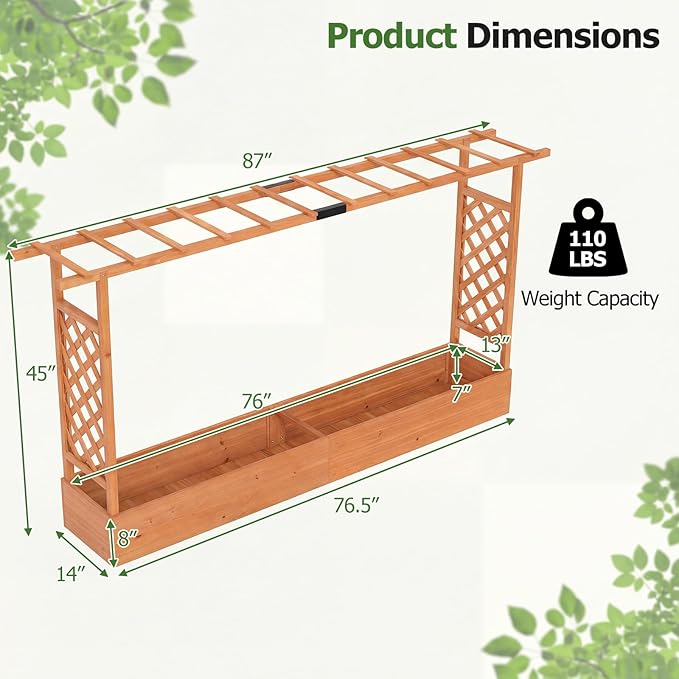 HAPPYGRILL Raised Garden Bed with Trellis, 2 Freestanding 45" Wood Planter Box w/Hanging Roof & 8 Drainage Holes for Climbing Plants Flowers, Outdoor Wood Elevated Garden Bed for Patio Yard,Orange