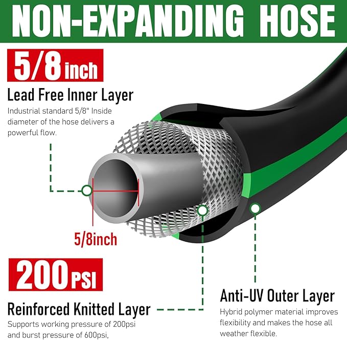Heavy Duty Garden Hose 5ft, NON-EXPANDABLE Flexible Water Hose, Kink Resistant Lightweight Hybrid Hose, Leakproof Hose Male to Female Fittings