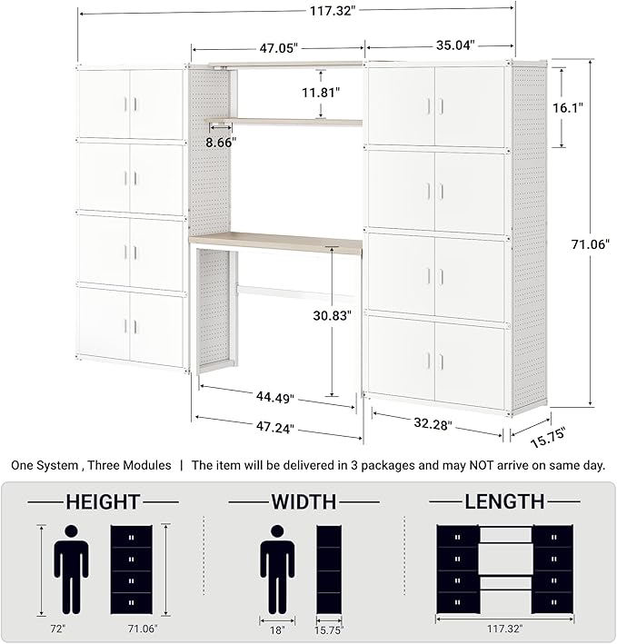 FLEXIMOUNTS Modular Garage Storage Cabinet System, All-in-One Garage Cabinet Set with Workbench & Pegboard, Full 8-Door Enclosed Heavy Duty Steel Tool Organization System, White, FLEXIMOD Series