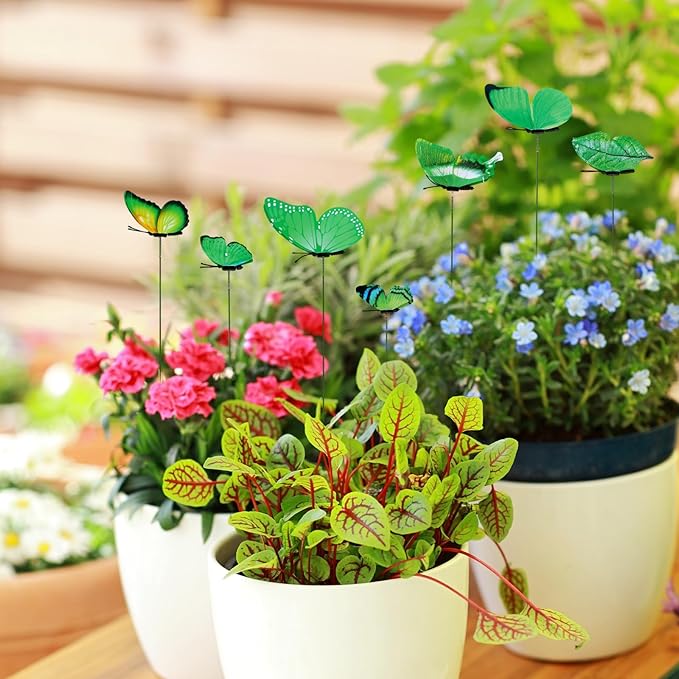 12pcs Decorative Butterfly Plant Stakes, 9.8in Lifelike Butterfly Garden Stakes PVC Waterproof Flower Pot Decorations for Garden Lawn Patio Indoor Outdoor Yard Planter Art Decor (Green)