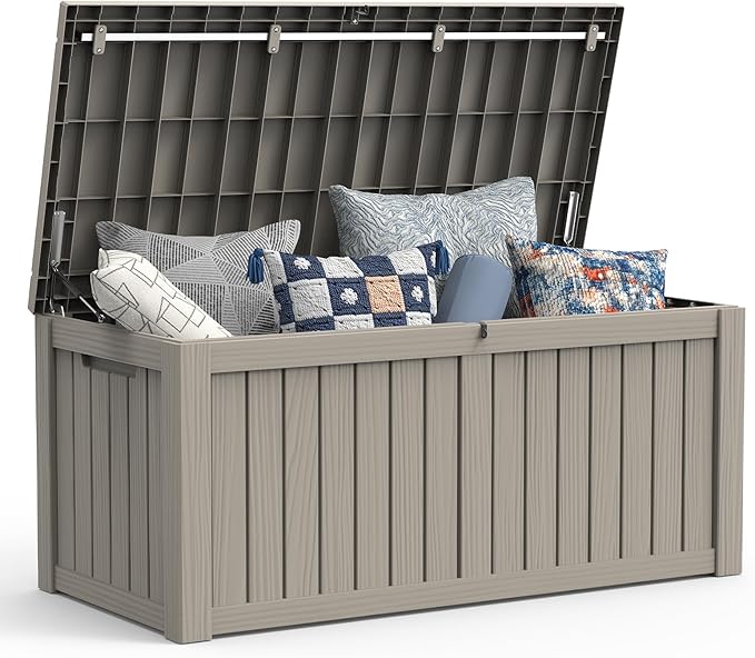 Mars Villa 120 Gallon Outdoor Storage Box, Resin Deck Box Waterproof for Patio Furniture Cushions, Pool Supplies, Gardening Tools, Weatherproof and UV Resistant, Greige