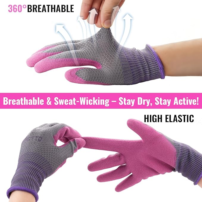 Gardening Gloves for Women 3 Pairs, Garden Gloves for Pruning Flower Rose, Weeding, Digging, Raking, Flower gloves with Rubber coating (Small, Pink)