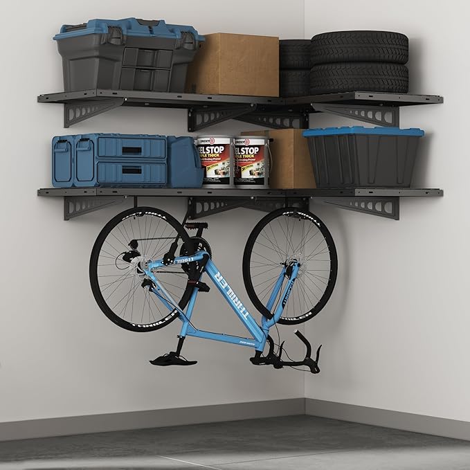 FLEXIMOUNTS 2 Pack 2x4ft Corner Wall Shelving with 4 Hooks, 24x48 inch Garage Storage Rack Floating Shelves, 660lbs Total Weight Capacity, Black, Pro Series