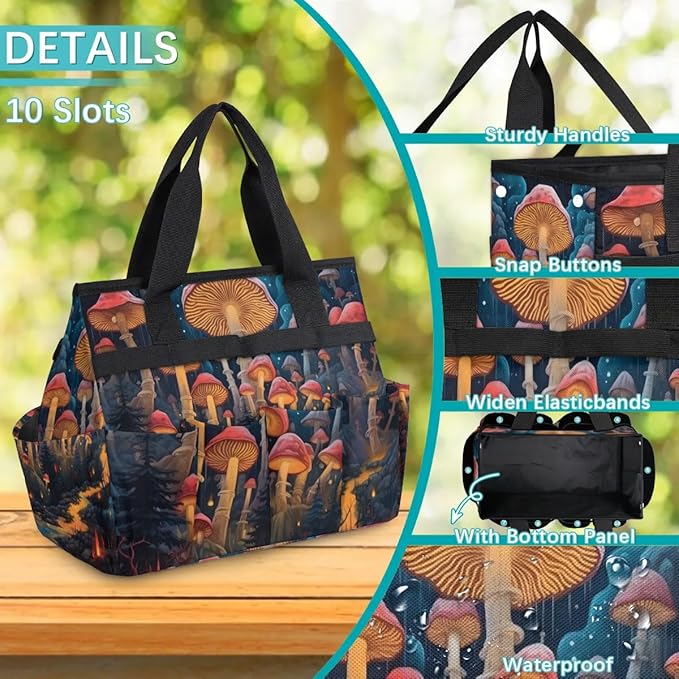 Garden Tool Bag Organizer Garden Tote Bag with Pockets Autumn Mushrooms Tool Storage Organizer Gardening Tool Kit Holder 13" x 6.8" x 2.8"