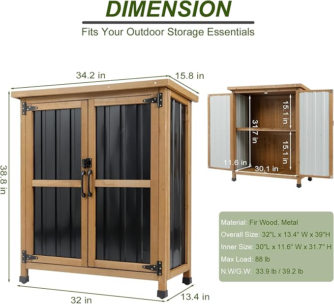 Outdoor Storage Cabinet, Wood & Metal Small Garden Tool Storage Cabinet with Weather-Resistant Asphalt Roof, Double Lockable Doors & Removable Shelves for Porch, Patio, Garden, Backyard
