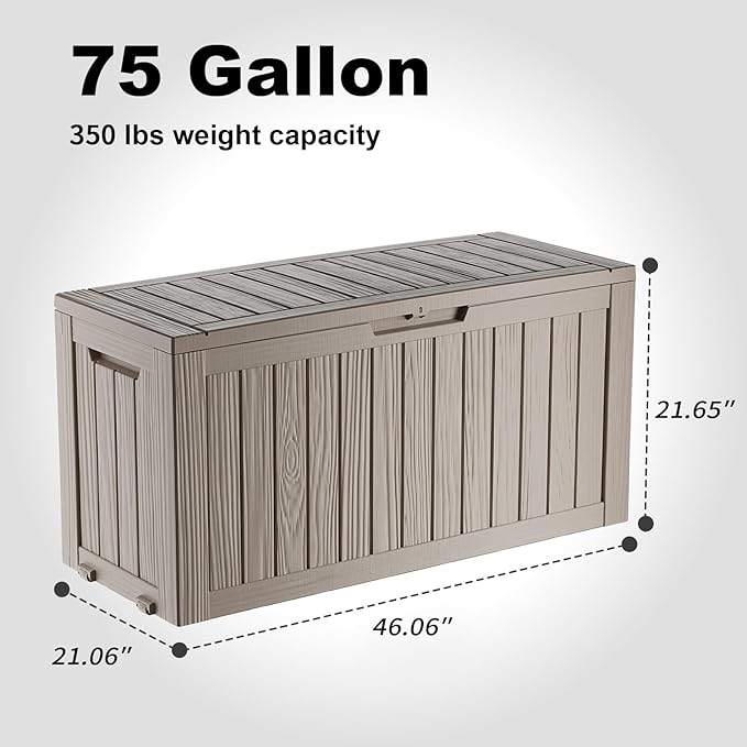 75 Gallon Outdoor Deck Box,Waterproof Resin Outdoor Storage Boxes, Outside Storage Lockable Container for Garden Tools,Indooor Cushions,Accessories (Grey)