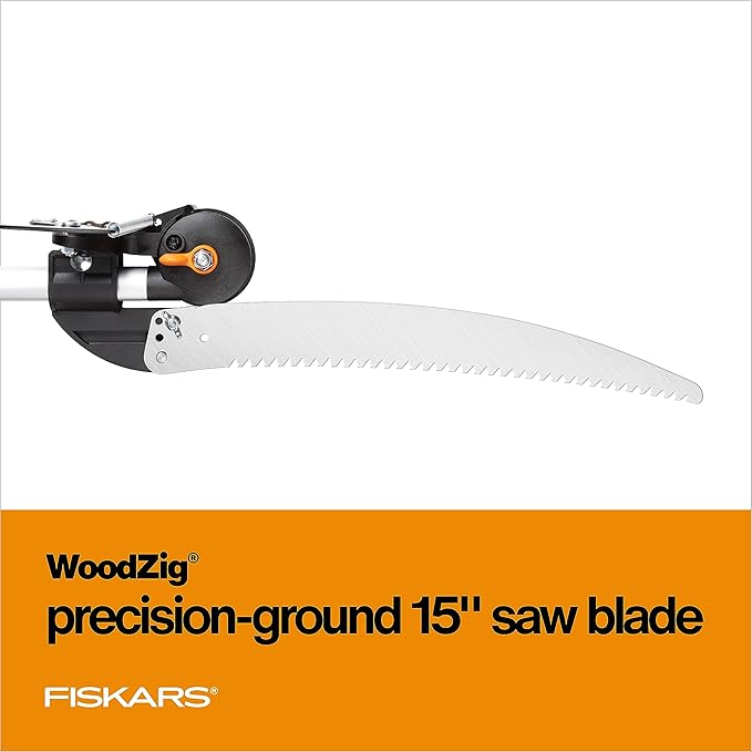 Fiskars 2-in-1 Extendable Tree Pruner and Pole Saw (Extends 7.9 - 12 feet) with Rotating Head, Pruning Stik Model with 15-Inch Double-Grind Saw Blade, and Double Locking System