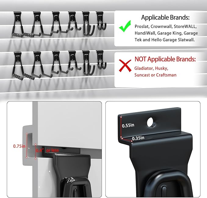 3-H Slatwall Hooks 18 Pack Heavy Duty Multi Sizes, Slatwall Accessories & Hangers Compatible with Proslat Handiwall Crownwall StoreWALL, Garage Slat Wall Hooks for Tools & Daily Items(Black)