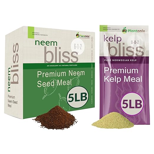 Neem Bliss (5lbs) + Kelp Meal (5lbs) - Kelp Meal Organic Fertilizer & Neem Cake for Plants - Kelp Fertilizer for Plants - Neem Seed Meal Fertilizer - Natural Plant Food Rich in Vitamins & Nutrients