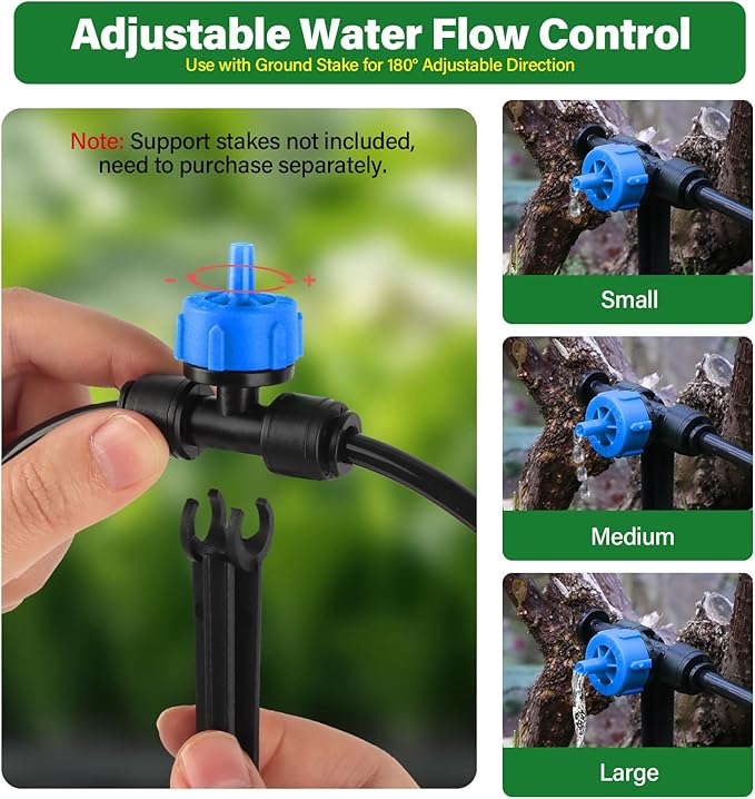 Kalolary 30Pcs Push-to-Fit Drip Irrigation Emitters 1 GPH Pressure Compensating Drippers with Constant Water Flow Drip Irrigation System Parts for 1/4 Inch Irrigation Tubing with 6PCS End Plugs (Blue)