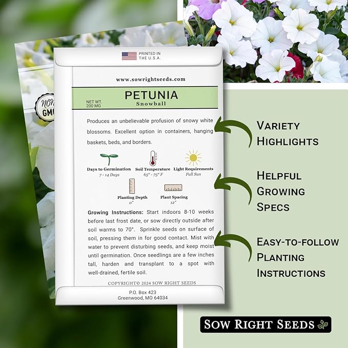 Sow Right Seeds - Snowball Petunia Seeds for Planting Outdoors - Non-GMO Heirloom Variety - Dwarf Flower - Easy to Grow White Petunias - Ideal for Flower Beds, Garden Borders, Containers (3)