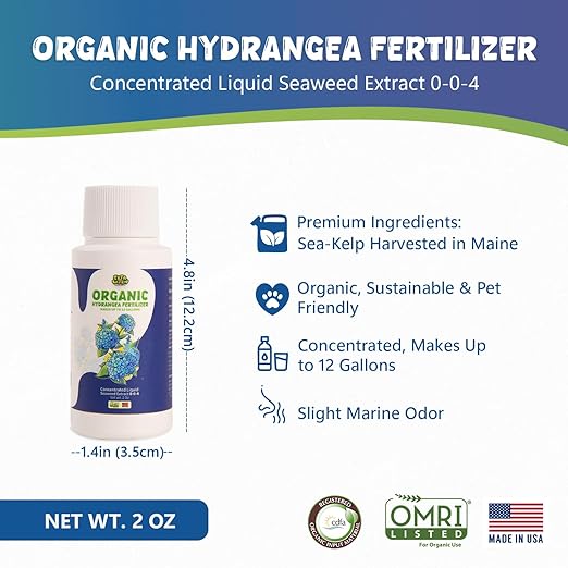 Organic Hydrangea Fertilizer - Gentle Liquid Seaweed Plant Food, Nutrient Boost for Acid-Loving Plants Root Growth, Soil Health, Vibrant Blooms & Foliage, Made from Maine Kelp, 2oz Makes 12 Gallons