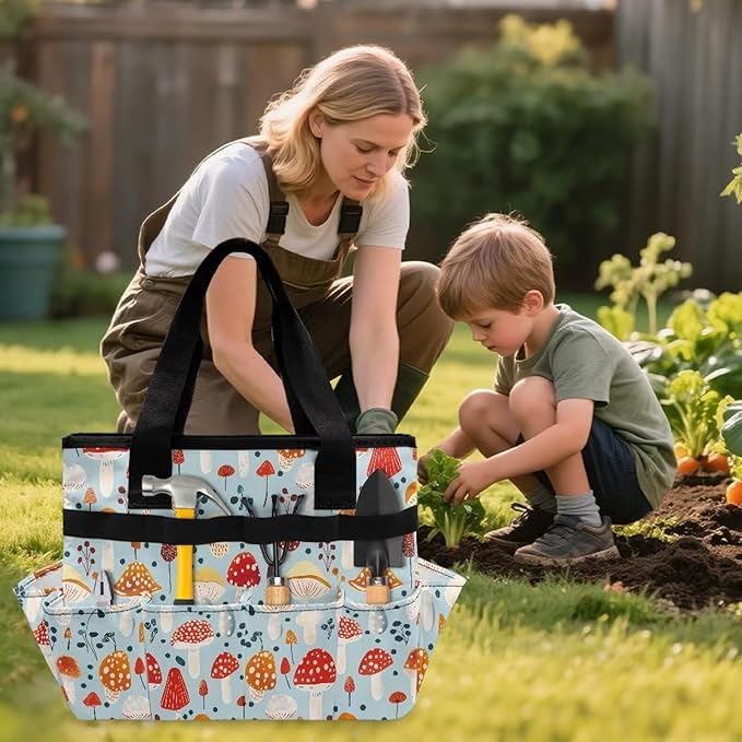 Mushroom Garden Tool Bag Portable Gardening Tool Organizer Bag with 10 Pockets and Handle Tool Carrier and Storage for Garden Lawn Yard Casual Camp