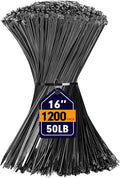 Zip Ties, RAZCC 1200pcs Black Cable Zip Ties 16 Inch, Heavy Duty Plastic Wire Ties with 50lb Tensile Strength, Self-Locking Black Nylon Tie Wraps for Indoor and Outdoor