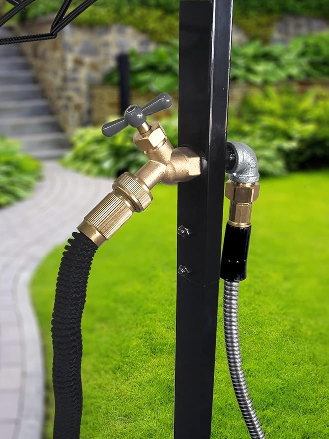 Freestanding Outdoor Garden Hose Holder Stand with Brass Faucet, Heavy Duty Metal Water Hose Reel Storage Stake Rack for Backyard, Black (Hose not Included)