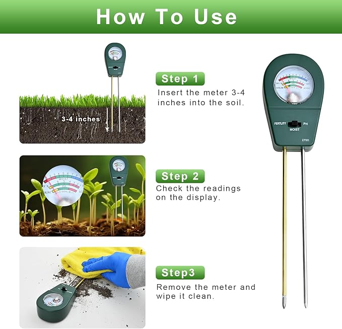 Powboro 3-in-1 Soil Tester Kit – Moisture/pH/Fertility Meter for Garden, Lawn, Potted Plants No Battery Needed Indoor/Outdoor Soil Test Kit