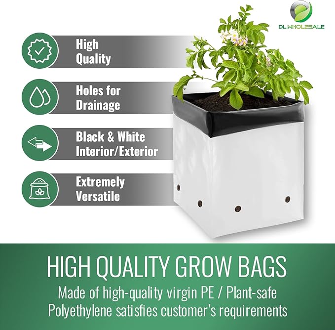 DL Wholesale Grow1 10 Gallon Grow Bags (25 Pack) - Black & White Poly Bags for Plants, Flowers, Vegetables - Modern, Rectangular, Drainage Hole, Indoor Use