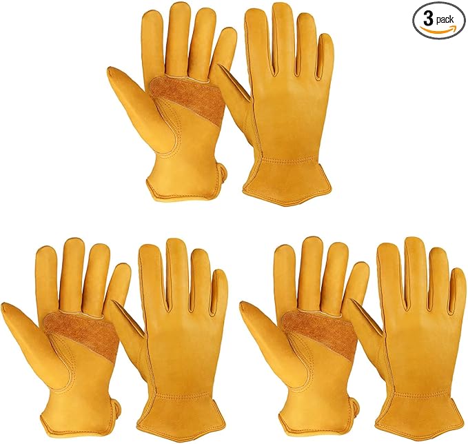 OZERO Gardening Work Gloves Men,3 Pairs Insulated Heavy Duty Cut Resistant Thorn Proof Leather Cowhide Mens Women Mechanic Garden Gloves for Driving Welding-Medium